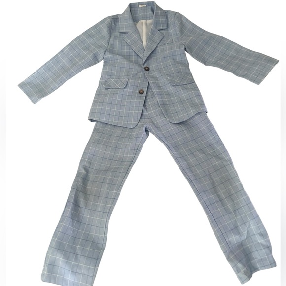 Blue Check Windowpane Plaid Boys 2 Piece Suit Pants Blazer Jacket SZ 7 - Picture 1 of 5
